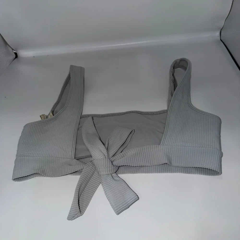 Lovewave Ribbed Square Neck‎ Tie Front Bikini Top Swimsuit Bralette Grey Medium